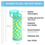 THERMOS FUNTAINER 16 Ounce Stainless Steel Vacuum Insulated Bottle with Wide Spout Lid, Wavy Checkers Teal - Retail: $17