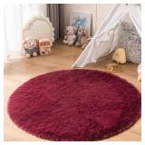 duduta Burgundy Plush Round Rug 4x4 ft, Fluffy Shag Rugs for Bedroom Classroom Nursery Playroom Dorm Decor, Washable Non Slip - Retail: $19