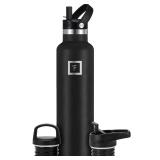IRON °FLASK Camping and Hiking Hydration Canteens - 3 Lids (Narrow Straw Lid) Leak Proof Vacuum Insulated Stainless Steel - Hot and Cold Double Walled Sports Water Bottle - Midnight Black, 24 Oz - Re