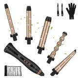 Prizm 5 in 1 Clampless Interchange Curling Iron Wand Set, LED Display, 11 Temp Settings, 0.6 to 1.25 Inch Tourmaline Ceramic Barrels, Hair Curler for WavyBangRingletSpiral with Heat Resistant Glove - 