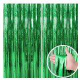 2 Pack Green Streamers Backdrop Jungle Party Decorations Foil Fringe Backdrop Curtains Photo Booth Backdrop for Birthday Dinosaur Animal St Patrick