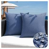 Kevin Textile Outdoor Waterproof Throw Pillow Covers Pack of 2 Weaving Texture Water Resistant Outside Decorative Cushion Covers for Garden Patio Tent Balcony Bench Couch Sofa 16x16 Inch, Navy Blue - 