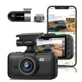 Miofive Dash Cam Car Front Rear 4K+4K WiFi Bluetooth Dash Cam with 64GB SD Card, Dual Car Camera with Parking Monitoring, Super Night Vision, HDR, G-Sensor, Loop Recording, App Control, Max 512GB - Re