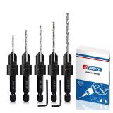 5-pc Countersink Drill Bit Set, 3in1 Woodworking Counterbore Hole Drill Bits for #6 8 10 12 16 Screws, Depth Adjustable M2 Pilot Drill Bits, 82-Degree Chamfer, 14 Hex Shank, 2 Allen Wrench - Retail: