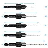 5-pc Countersink Drill Bit Set, 3in1 Woodworking Counterbore Hole Drill Bits for #6 8 10 12 16 Screws, Depth Adjustable M2 Pilot Drill Bits, 82-Degree Chamfer, 14 Hex Shank, 2 Allen Wrench - Retail: