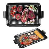 2PCS Grill Topper Pans BBQ ACETOP Nonstick Barbecue Grilling Baskets Outdoor Stainless Steel BBQ Grill Tray with Perforated Bottom for Indoor Camping Chicken Drumsticks Vegetable Shrimp Meat - Retail: