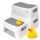 Forbena Toddler Step Stool for Bathroom Sink, 2 Step Stool for Kids Toilet Potty Training, Non-Slip Toddlers Baby Child Kid Plastic Poop Stools with Handle for Kitchen Counter Bed (White-Grey) - Retai