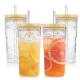 4 Pack 20oz Hobnail Drinking Glasses with Bamboo Lids and Glass Straw,High Borosilicate Glass Tumbler Cup Reusable Wide Mouth Smoothie Cups,Beer, Iced Coffee Glasses, Soda - Retail: $32