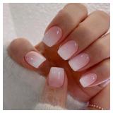 Qsnidy Press on Nails Square - French Ombre Pink Fake Nails Short Acrylic Full Cover Glue on Nails in 12 Sizes - 24 Piece Nail Kit?Natural Fit for Women and Girls Daily Wear - Retail: $8