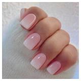 Qsnidy Press on Nails Square - French Ombre Pink Fake Nails Short Acrylic Full Cover Glue on Nails in 12 Sizes - 24 Piece Nail Kit?Natural Fit for Women and Girls Daily Wear - Retail: $8