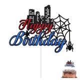 Cartoon Spider Birthday Cake Topper, Glitter Paper Cartoon Themed Happy Birthday Cupcake Topper Double-Sided Party Decoration for Boy and Girl - Retail: $5