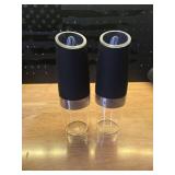 XinXu Gravity Electric Pepper and Salt Grinder Set, Adjustable Coarseness, Battery Powered with LED Light, One Hand Automatic Operation, Black -2 Pack - Retail: $20