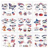 HOWAF 9 Sheets USA Glitter Face Tattoos, 4th of July Face Art Temporary Tattoo for USA Patriotic Parades Celebrations, Red White Blue Face Tattoos Stickers for Independence Day Supplies - Retail: $8