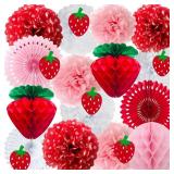 ANSOMO Strawberry Party Decorations Red Pink White Tissue Pom Poms Fans Honeycom Balls Lanterns Garland Classroom Berry Sweet Fruits 1st One Birthday Bridal Baby Shower Décor Supplies Girls - Retail: