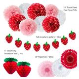 ANSOMO Strawberry Party Decorations Red Pink White Tissue Pom Poms Fans Honeycom Balls Lanterns Garland Classroom Berry Sweet Fruits 1st One Birthday Bridal Baby Shower Décor Supplies Girls - Retail: