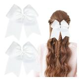 2 Pcs White Cheer Bows 8\ Bows Hair Ties Ponytail Holder Large Bows Ribbon Hair Ropes Cheerleading Bows Rubber Bands Hair Accessories for Cheerleaders Women Toddler Teen Girls Sport Party Favor - Reta