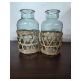 Aqua Glass Bottles with Woven Rattan Basket Overlay