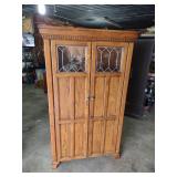 Vintage Oak Computer Armoire with Leaded Glass