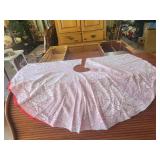 Vintage White Lace Christmas Tree Skirt with Red Trim