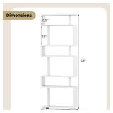 $110 6 Tier S Shaped Bookshelf, 64" Tall, White, Anti-toppling Kit (single