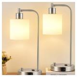 Lynnoland Set of 2 Industrial Table Lamps with USB C+A Ports and Outlet, Brushed Nickle Fully Stepless Dimmable Bedside Lamps, Nightstand Lamp with Opal Glass Shade for Reading Office (2 LED Bulb)