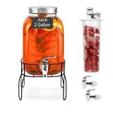 2 Gallon Drink Dispensers for Parties, Sun Tea Glass Jar for Outside 2 Press-Spigots(Easy for Kids) Juice Dispensers for Parties, Glass Water Dispenser Beverage Dispensers with Stand