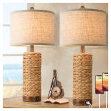 Set of 2 Rattan Table Lamps for Living Room with 2 USB Ports, 27in Tall Bedroom Lamp Costal Farmhouse, Rustic Woven Seagrass Bedside Nightstand Lamps for End Table, E26 Socket&Rotary Switch, No Bulb