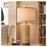 Set of 2 Rattan Table Lamps for Living Room with 2 USB Ports, 27in Tall Bedroom Lamp Costal Farmhouse, Rustic Woven Seagrass Bedside Nightstand Lamps for End Table, E26 Socket&Rotary Switch, No Bulb