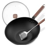 Todlabe Carbon Steel Wok - Including Glass Cover and Steel Spatula, 13-Inch Woks & Stir-Fry Pans for Induction, Electric, Gas Stoves