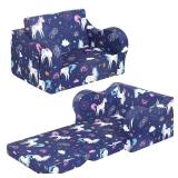 MOMCAYWEX Rainbow Unicorn Kids Sofa, 2-in-1 Kids Couch Fold Out, Convertible Sofa to Bed for Girls and Boys