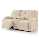 VANSOFY Recliner Loveseat Cover with Middle Console Stretch Reclining Sofa Slipcover for 2 Seat Jacquard Reclining Couch Sofa Covers Furniture Protector with Elastic Straps Bottom (Cream)