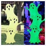 Joliyoou Halloween Yard Stake, 38.6 Glow in The Dark Metal Stacked Ghost with Green Fluorescent Layer, Halloween Yard Sign Stakes for Outdoor Front Yard Lawn Garden Decorations