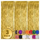 Voircoloria 3 Pack 3.3x8.2 Feet Gold Foil Fringe Backdrop Curtains, Tinsel Streamers, Fringe Backdrop for 2025 New Years Eve, Graduation, Birthday, Baby Shower, Gender Reveal, Disco Party