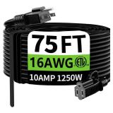 HUANCHAIN Indoor Outdoor Black Extension Cord 75 Ft Waterproof, 16/3 Gauge Flexible Cold-Resistant Appliance Extension Cable Outside, 10A 1250W 16AWG SJTW, 3 Prong Heavy Duty Electric Cord, ETL