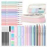 Four Candies 39 PCS Aesthetic School Supplies with Cute Pen Case, 12 Pastel Highlighters, 5 Black Ink Gel Pens, 6 Mechanical Pencils Set 0.5 & 0.7 mm for Students Stationary College Essentials (Pink)