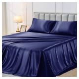 Sasttie Satin Sheets King, 4-Piece Navy Blue Satin Sheets Set, Smooth and Ultra-Soft Silky King Size Bed Set with 2 Pillowcases, Navy