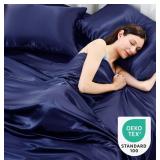 Sasttie Satin Sheets King, 4-Piece Navy Blue Satin Sheets Set, Smooth and Ultra-Soft Silky King Size Bed Set with 2 Pillowcases, Navy