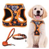 PUPTECK Adjustable Dog Harness Collar and Leash Set Step in No Pull Pet Harness for Small Medium Dogs Puppy and Cats Outdoor Walking Running, Soft Mesh Padded Reflective Vest Harnesses, Halloween, L