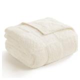 Snuggle Sac Checkered Throw Blanket Faux Fur Microfiber Blankets for Couch,Cozy Soft Warm Blanket for Sofa Bedroom Living Room,Solid Ivory,60x80 inches