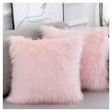 WLNUI Set of 2 Pink Fluffy Pillow Covers New Luxury Series Merino Style Blush Faux Fur Decorative Throw Pillow Covers Square Fuzzy Cushion Case 18x18 Inch
