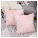 WLNUI Set of 2 Pink Fluffy Pillow Covers New Luxury Series Merino Style Blush Faux Fur Decorative Throw Pillow Covers Square Fuzzy Cushion Case 18x18 Inch