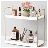 Forbena White and Gold Bathroom Counter Organizer, 2 Tier Bathroom Organizer Countertop Tray, Corner Makeup Vanity Shelf Organizers and Storage for Perfume Skincare Kitchen Sink Coffee Bar Decor