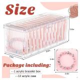 Threehoney 1 Pack Acrylic Bracelet Jewelry Storage Box with 12 Portable Anti Tarnish Organizers for Earrings/ring/necklace (Pink)