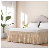 MIYE Wrap Around Ruffled Lace Bed Skirt, Elastic Dust Ruffle with Adjustable Belts, Easy to Put On, Bed Frame Cover, Machine Washable (Tassel Ruffle/Beige, King/Queen-15 Drop)