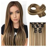 Clip in hair extensionsï¼LONAI 6PCS Straight 24 Hair Extensions for Women Heat Resistant Synthetic Hairpiece-Brown with Light Blonde