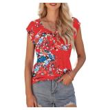 AUSELILY Womens Cap Sleeve T-Shirt Casual Loose Fit Tank Tops Floral Orange sz S