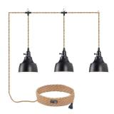ALAISLYC 3 Light Plug in Pendant Light Cord 22FT Industrial Farmhouse Hanging Lamp with Twisted Hemp Rope Independent Triple Switch Hanging Light Chandelier for Dining Room Kitchen Black Finish