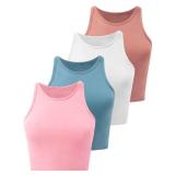 Kole Meego Crop Tops for Women Workout Cropped Tank Top Trendy High Neck Camisole Yoga Shirts Athletic Undershirts 4 Pack Coral/White/Blue/Pink XL