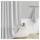 BTTN Boho Shower Stall Curtain - 36x72 Narrow Linen Ultra Thick Tassel Fabric Shower Curtain Set with 6 Plastic Hooks, Half Modern Farmhouse Country Weighted Shower Curtains for Bathroom - Gray/Grey