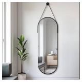 48"L x 16"W 16"x48" Oval Full Length Mirror with Leather Strap Hanging Mirror with Aluminum Frame, Oval Wall-Mounted Mirrors for Living Room Bedroom Entryway D cor, Black